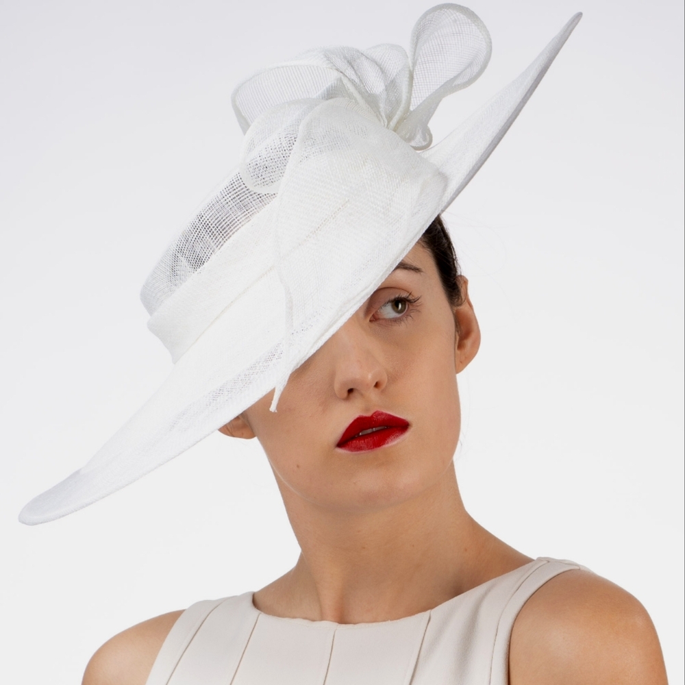 Beloved Millinery Classic White Sinamay Wide Brim Bow Hat Church Brunch Bridal
